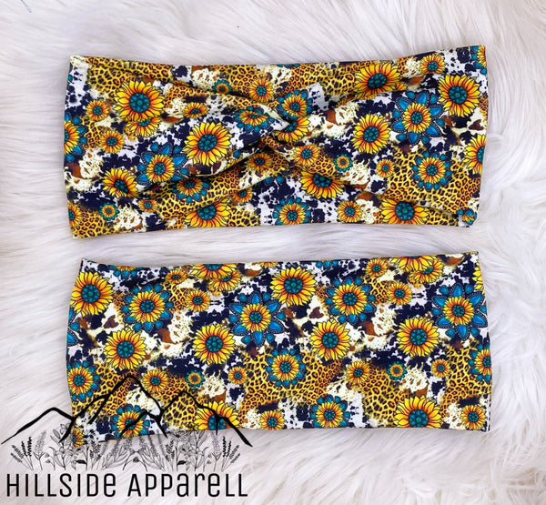 Sunflower Cow Print Adult Twisted Headband