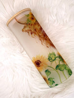 Highland Cow Sunflower Frosted Glass Tumbler