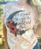 All Good Things Are Wild And Free Floral Moon Pink Bleach Tee