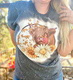 Highland Cow Sunflower Daisy Bleach Tee