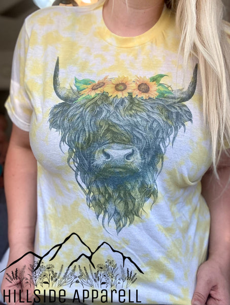 Highland Cow Sunflower Yellow Tye Dye Tee