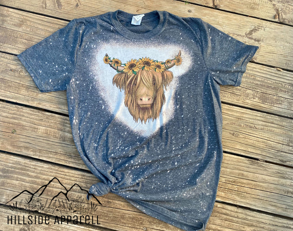 Highland Cow Sunflower Bleach Tee