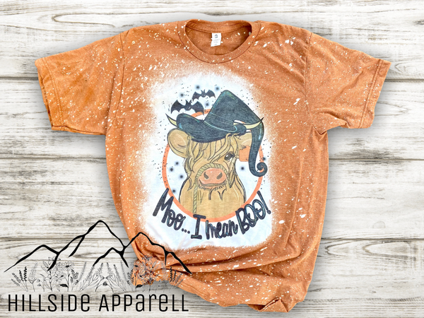 Moo I Mean Boo Highland Cow Halloween Bleach Tee