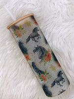 Floral Black Horse Frosted Glass Tumbler