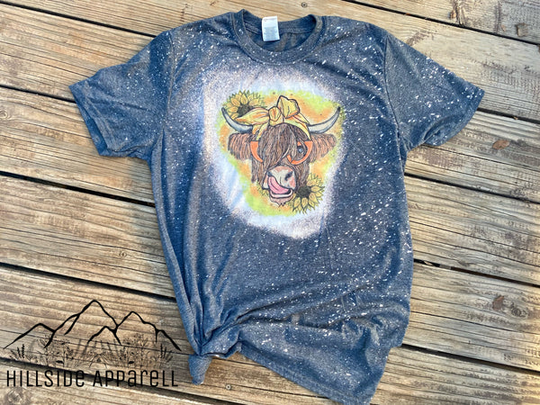 Highland Cow, Sunflower & Glasses Bleach Tee