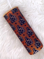 Burnt Orange Cowhide Cow Tag Frosted Glass Tumbler