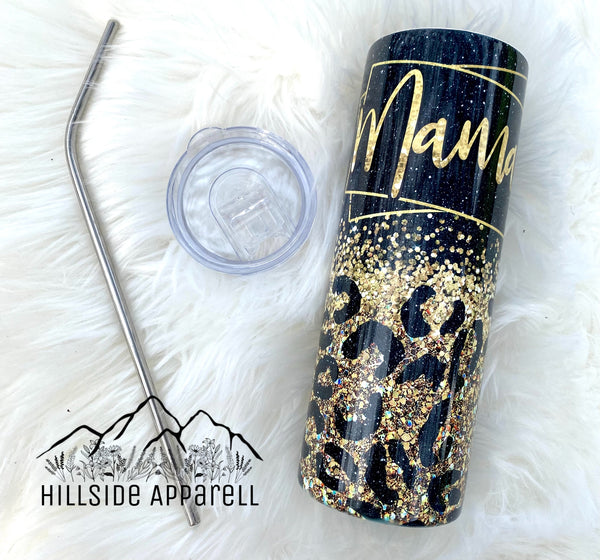 Mama Black & Gold Glitter Cheetah Tumbler